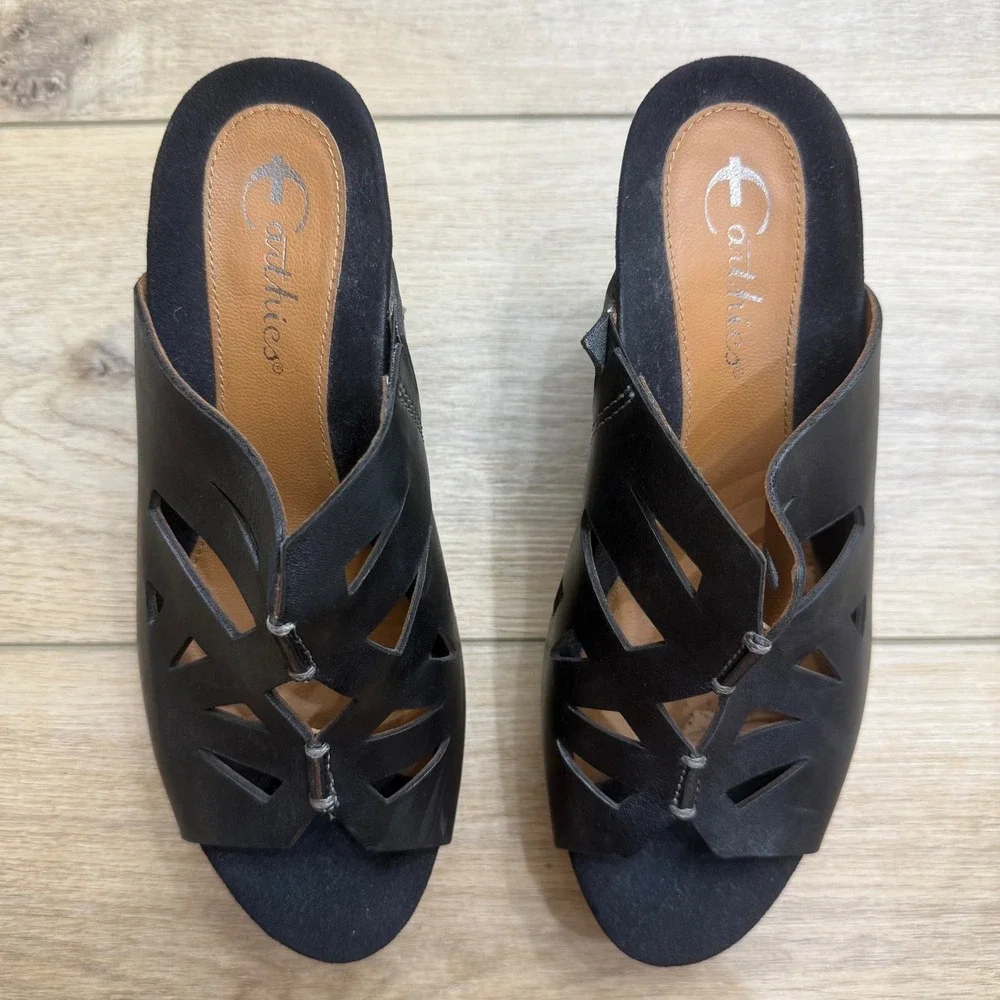 Earthies Setina Black Leather Cut Out Wedge Sandals Braided Trim Slide Mules 7